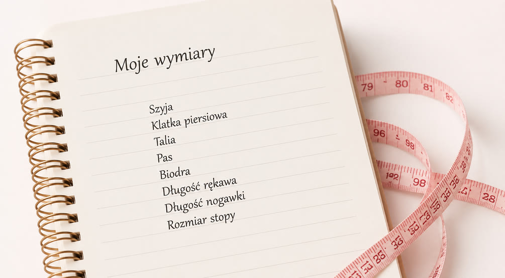 Notatnik z zapisanymi wymiarami i centymetr krawiecki